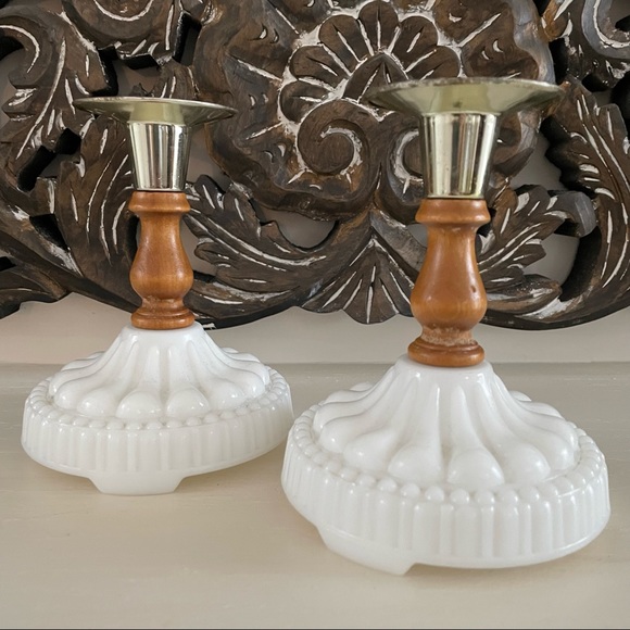 2 Vintage Wood Milk Glass Gold Tone Taper Candle Holders